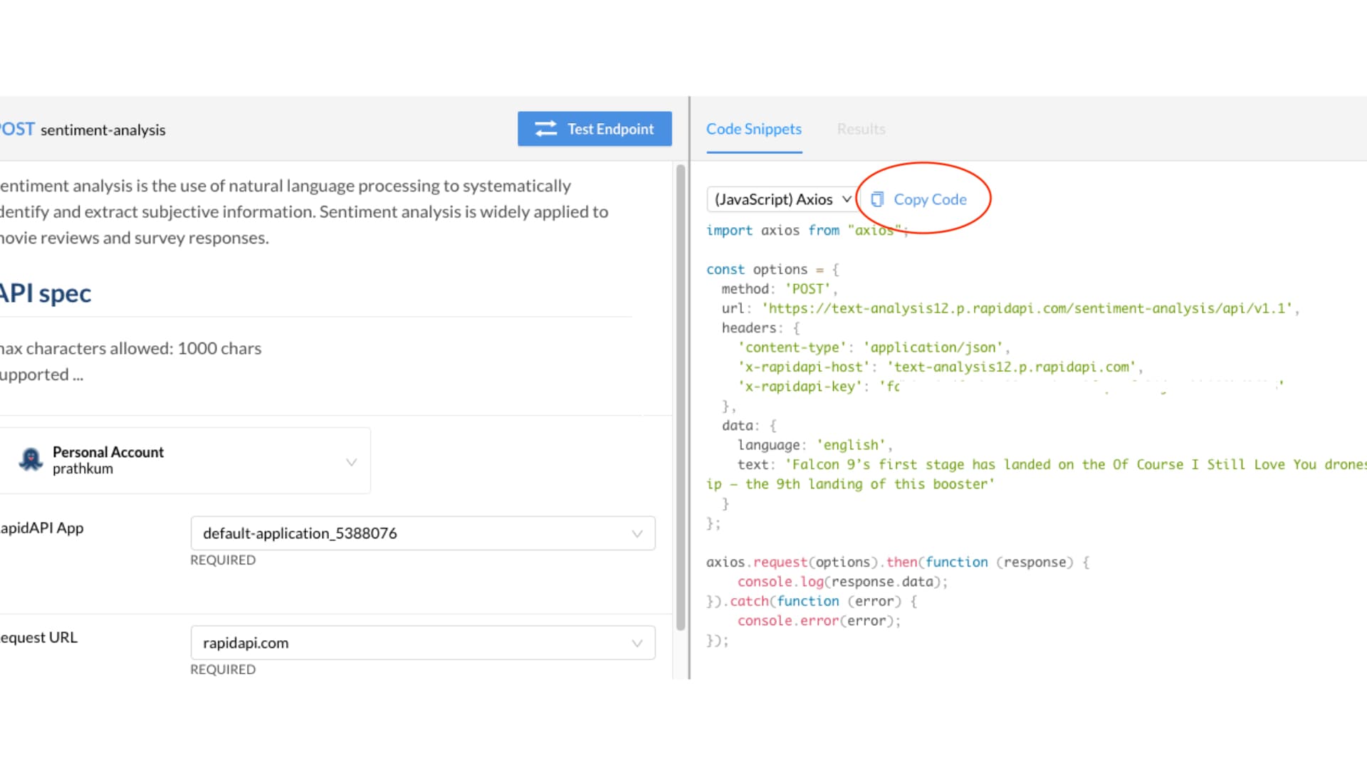 copy code snippet of text analysis API