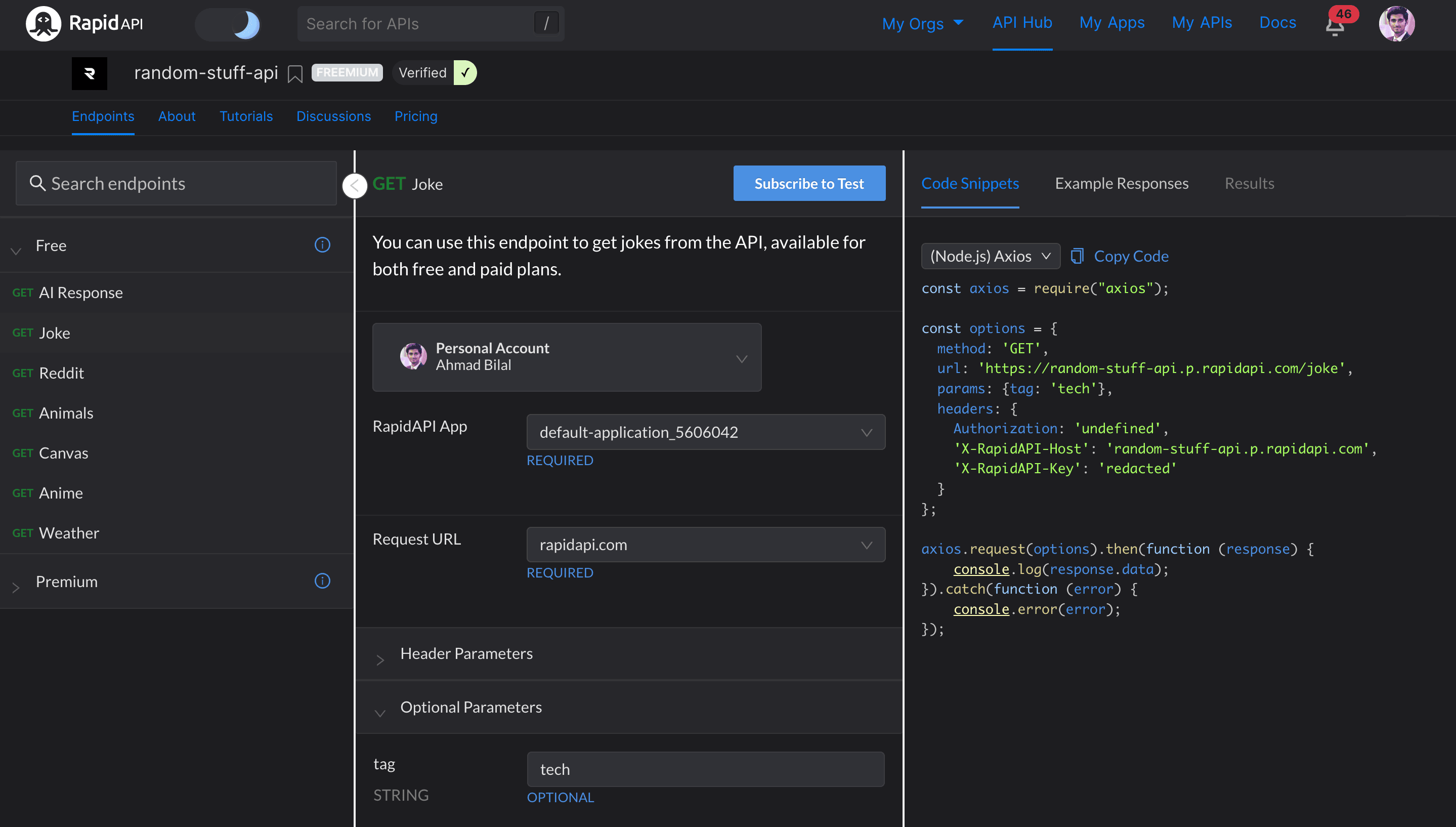 Endpoint Details for an API on RapidAPI Hub