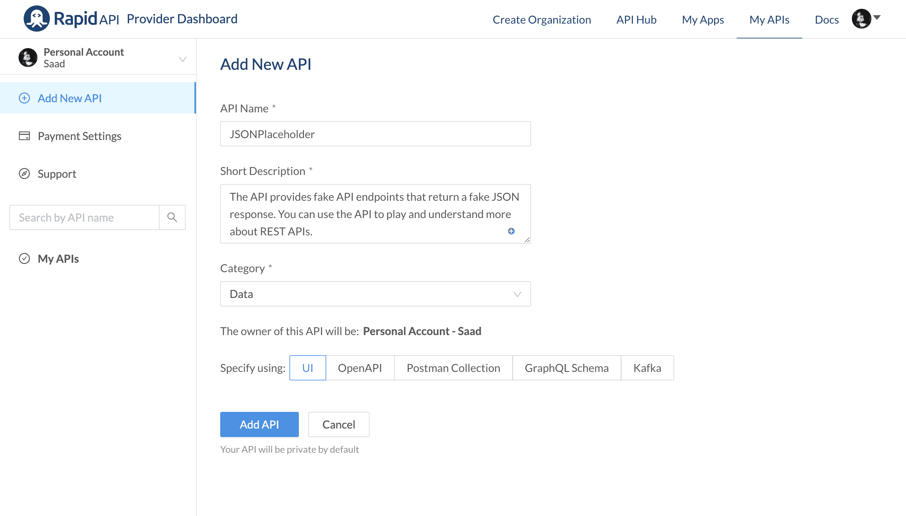 Filled Fields To Add API on RapidAPI