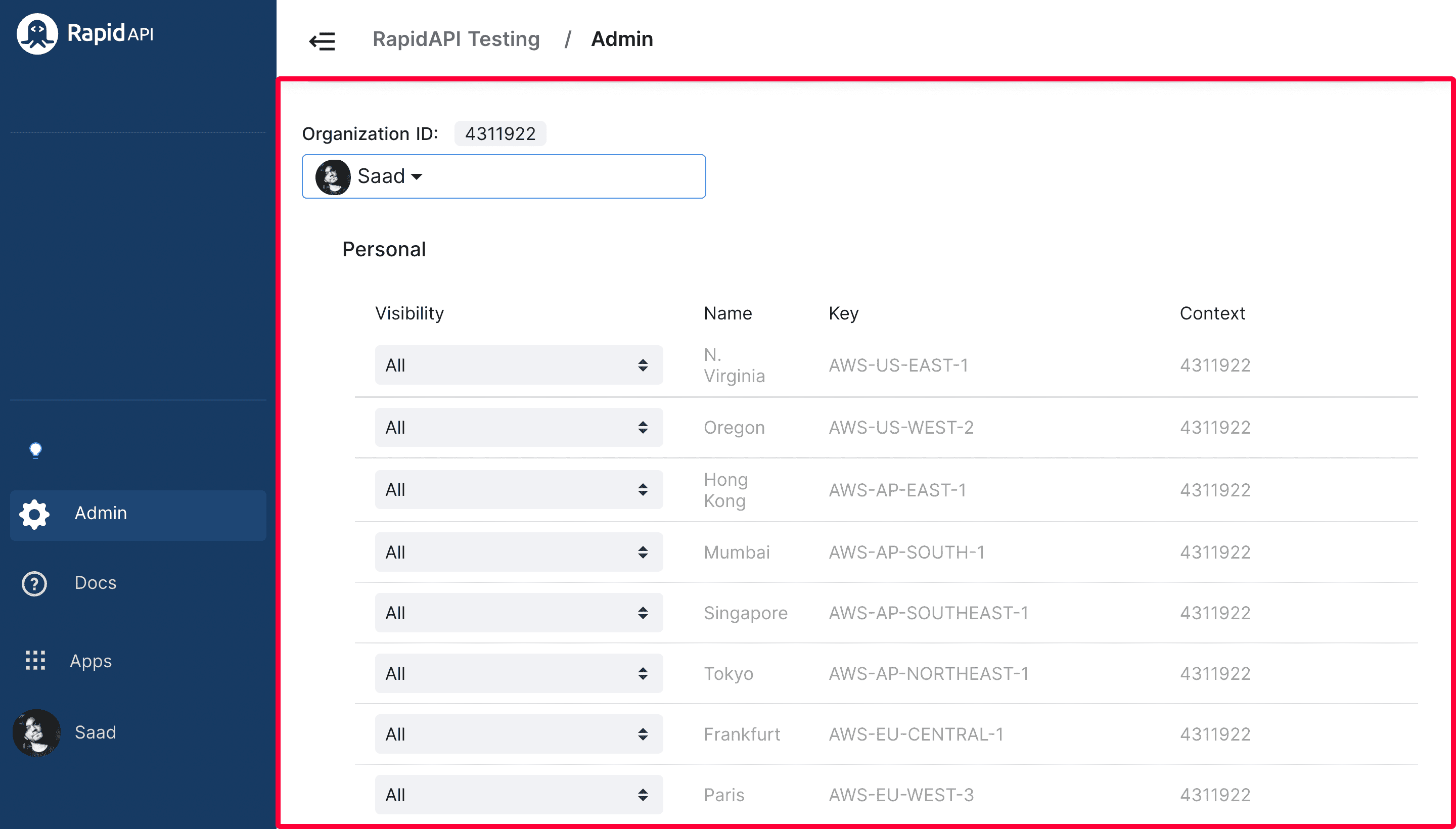RapidAPI Testing Admin Section