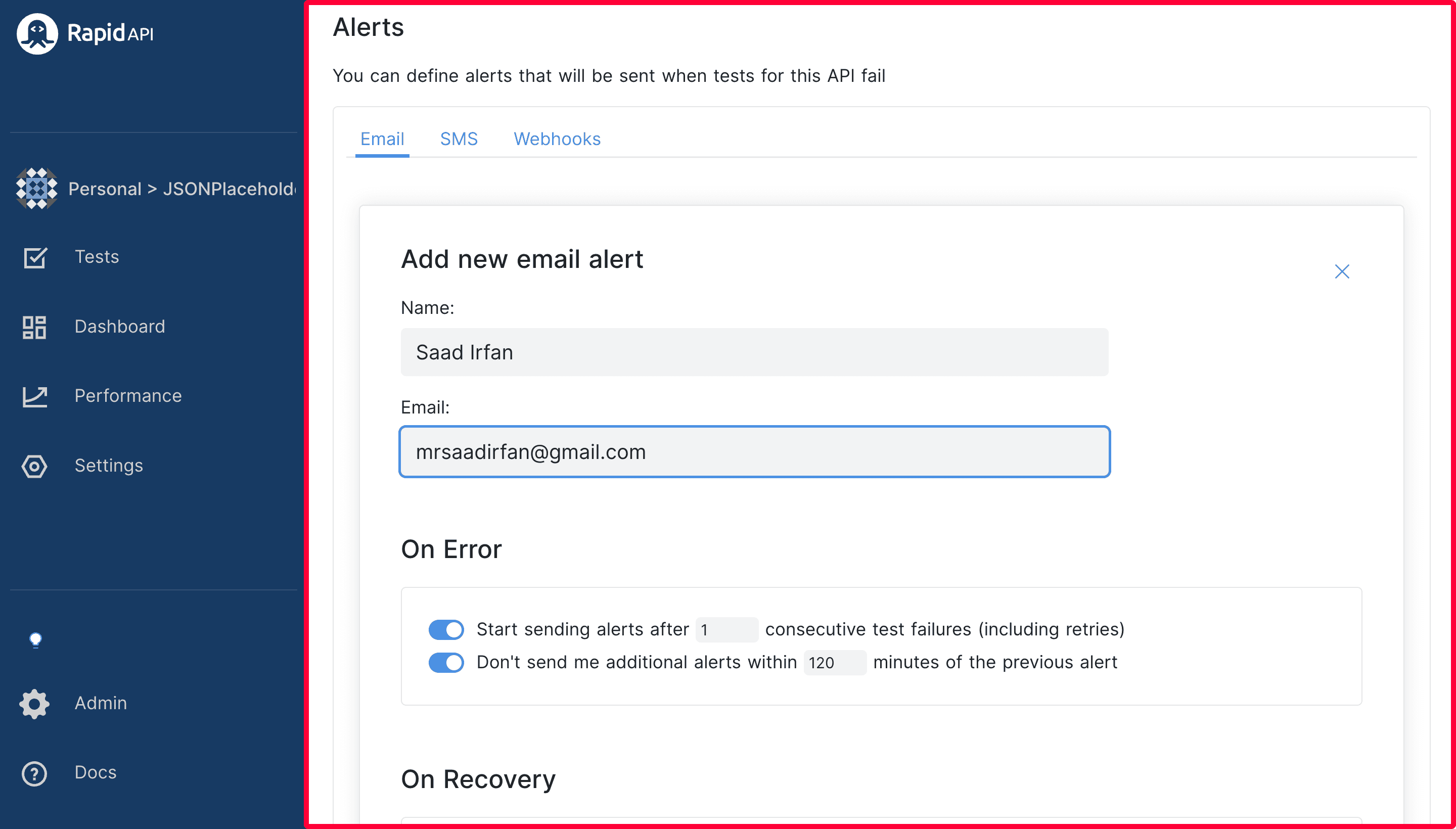 Setup API Alerts RapidAPI Testing