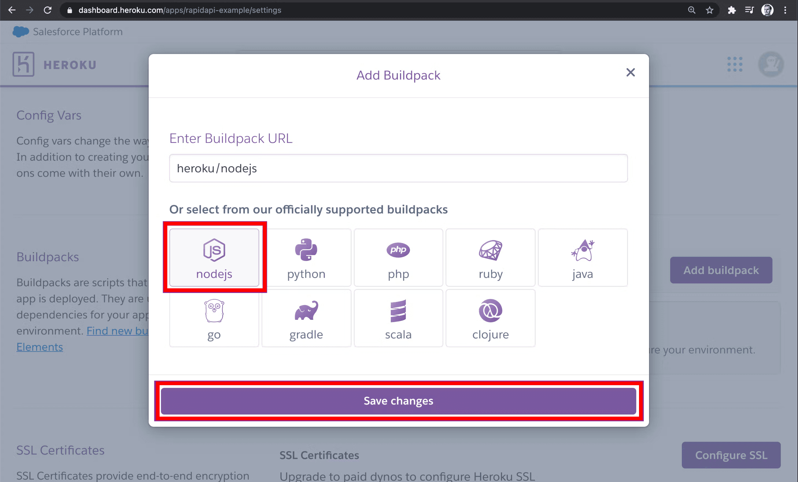 Select Node.js on Heroku