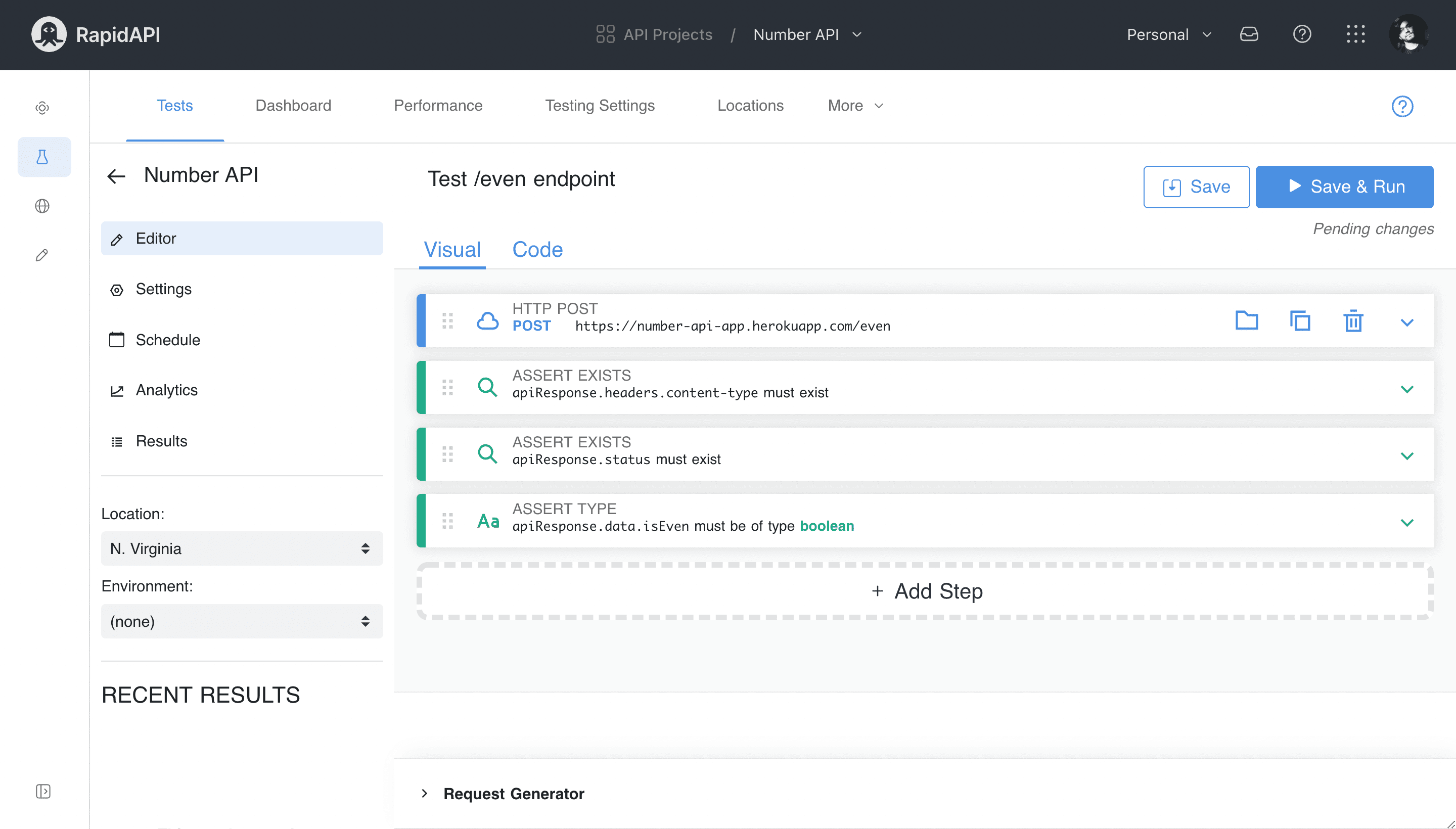 Added API test for /even endpoint inside RapidAPI Studio