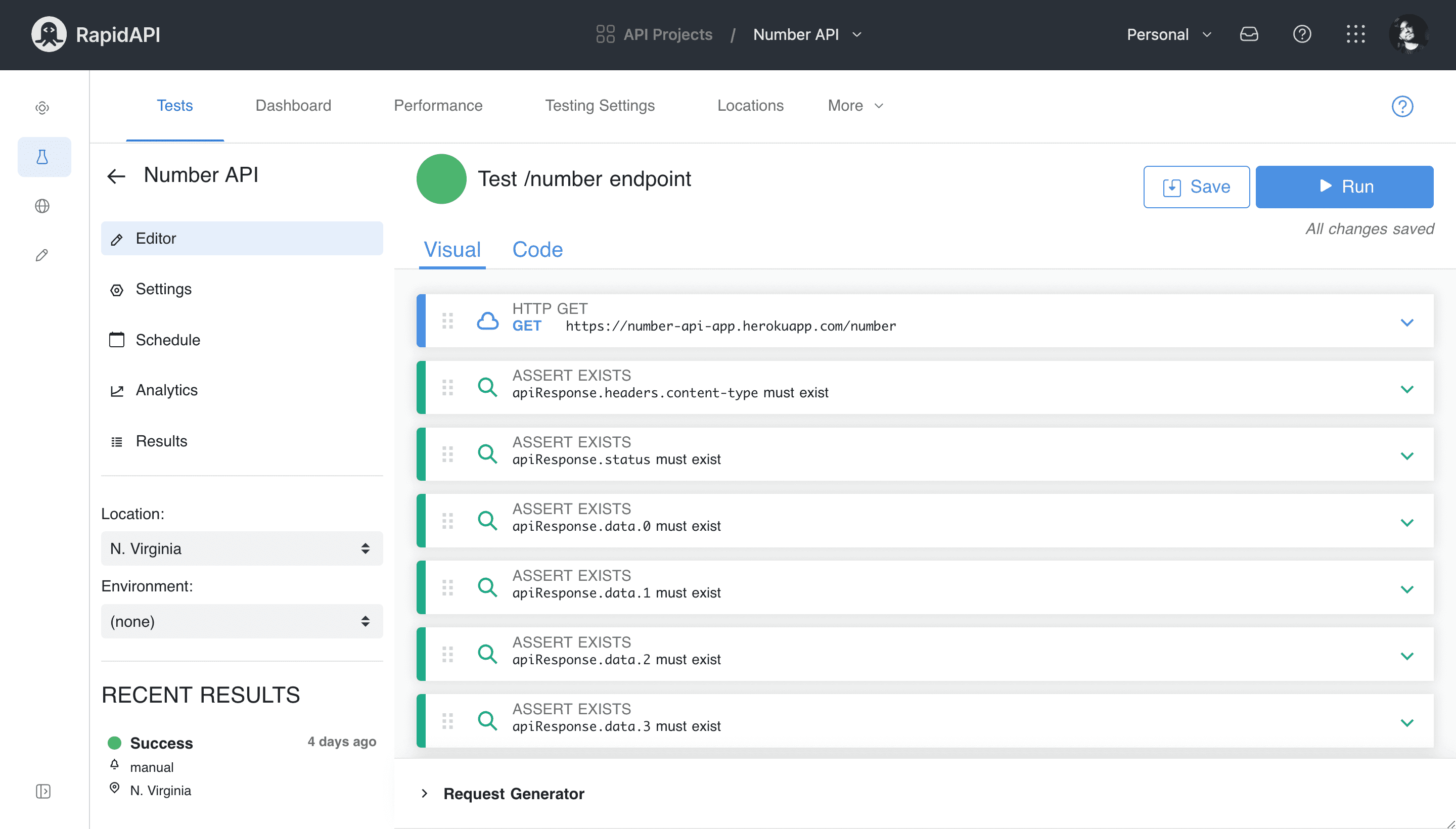 Added API test for /number endpoint inside RapidAPI Studio