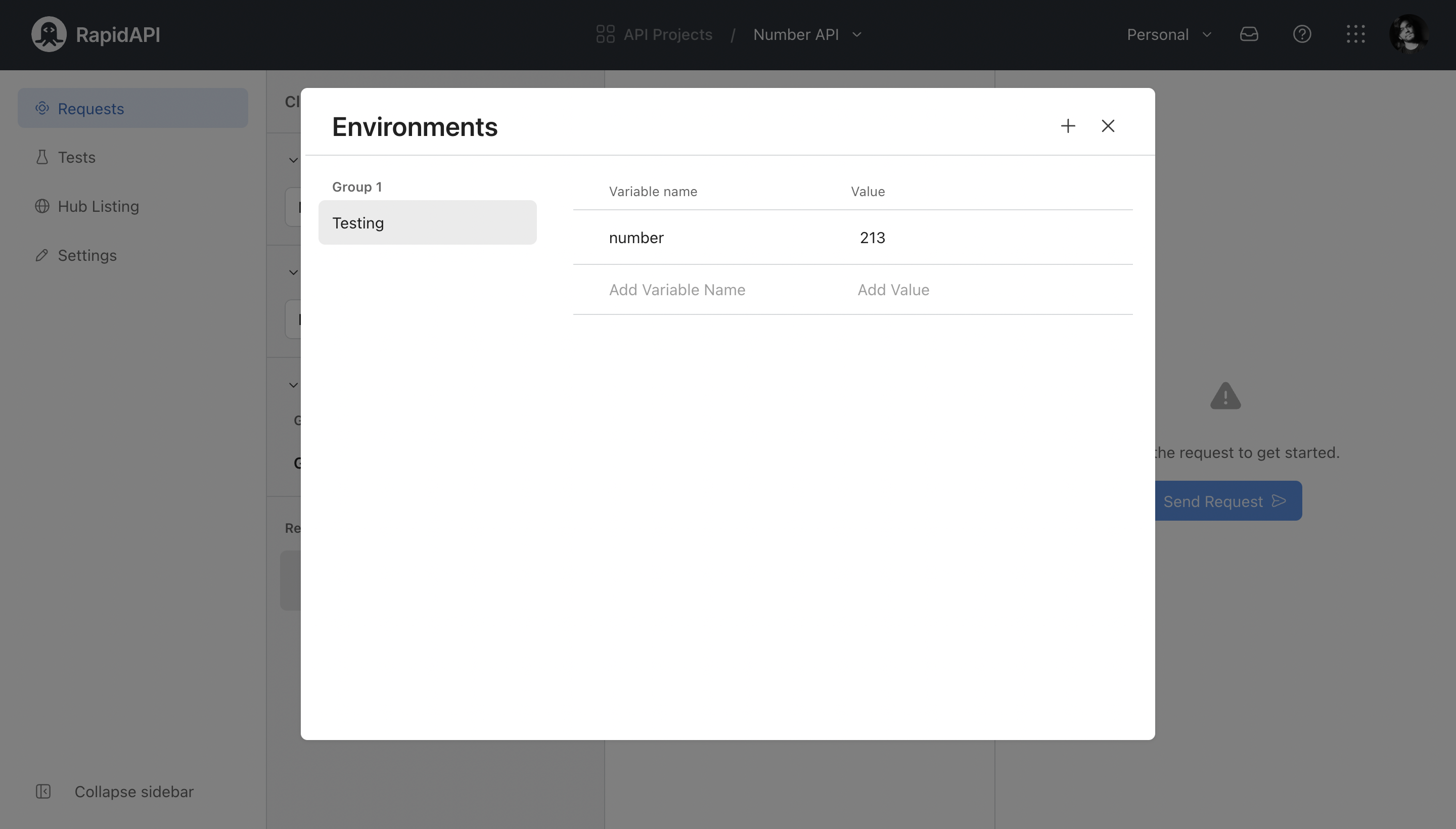 Created a Testing environment inside API client of RapidAPI Studio