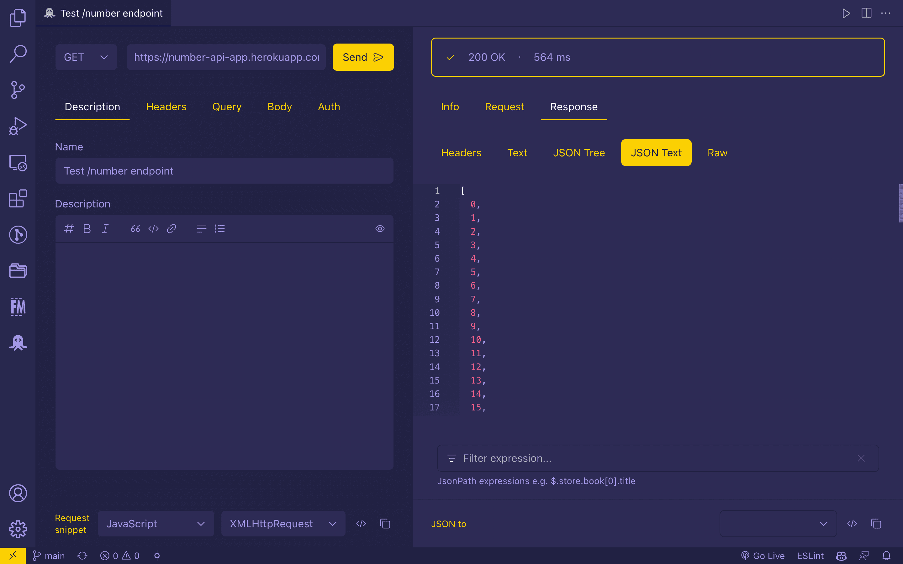 Testing /number endpoint using RapidAPI Client