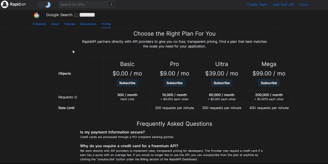 Pricing plans for the Google Search API