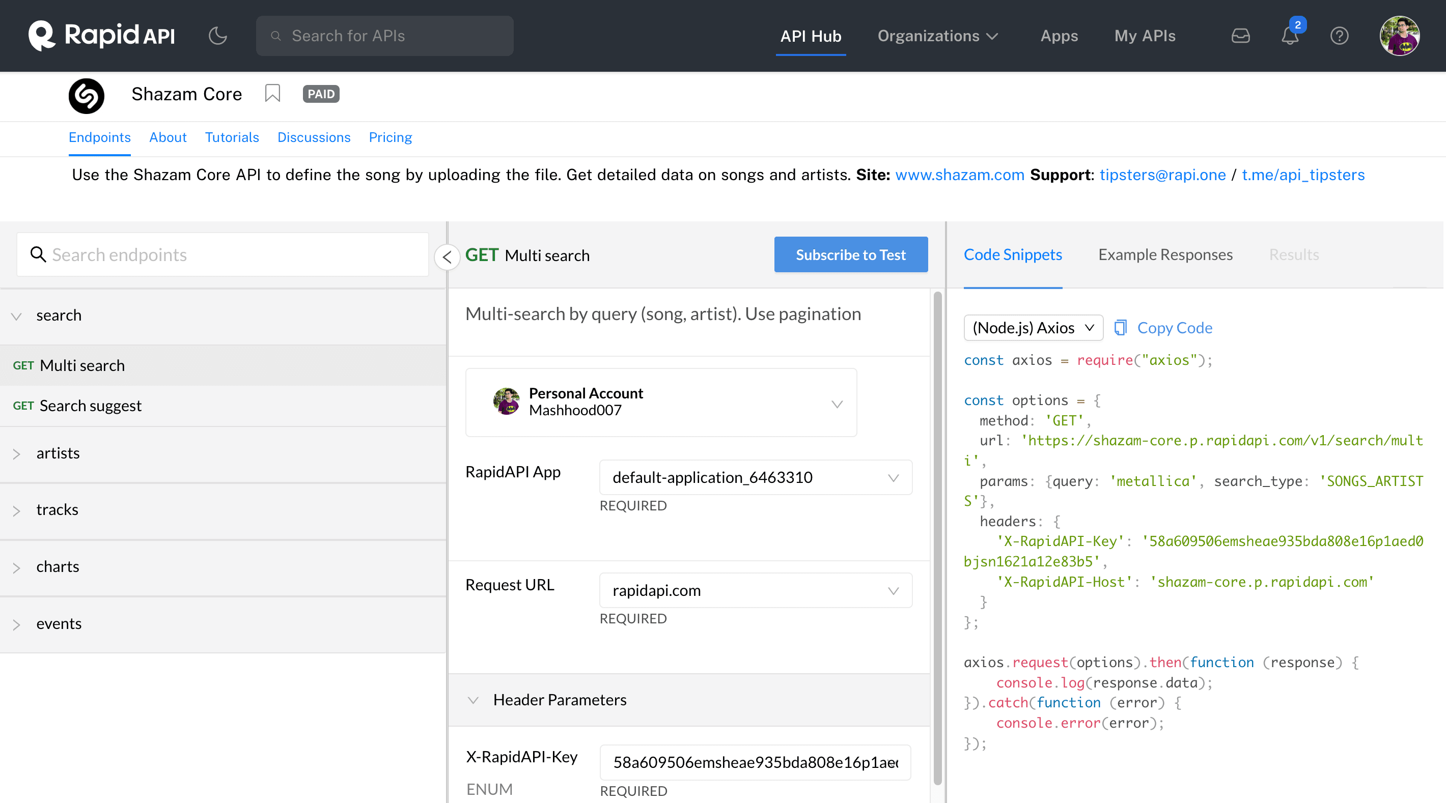 Using Shazam Core API from Rapid API Hub for the project